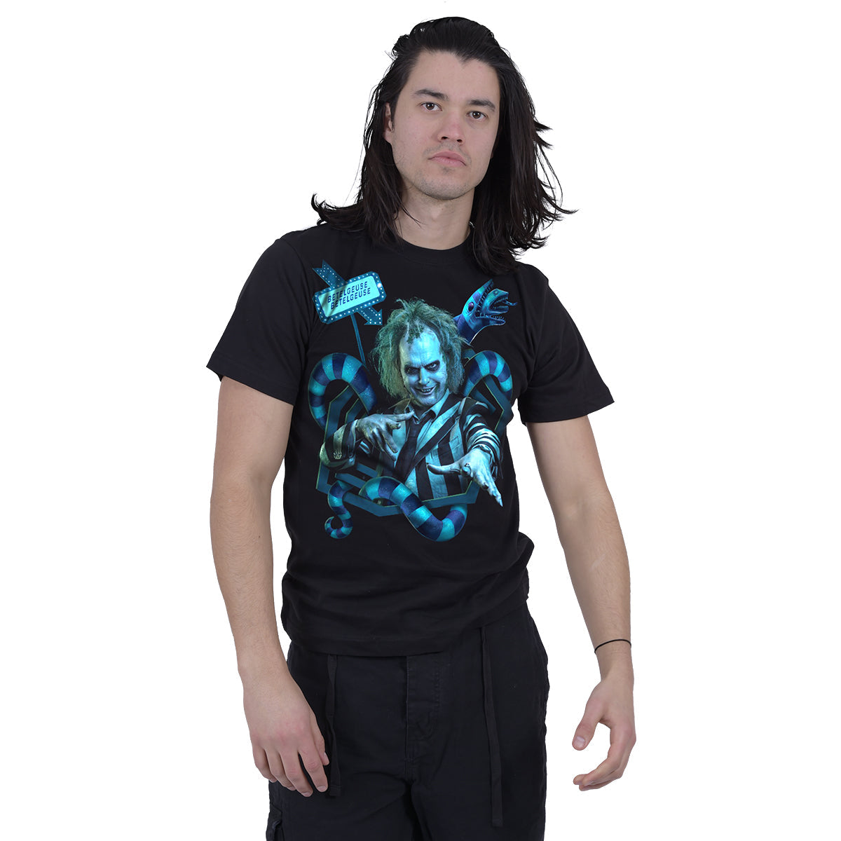 Male model wearing Beetlejuice 2 Sandworm Portal gothic Front Print T-Shirt in Black by Spiral Clothing