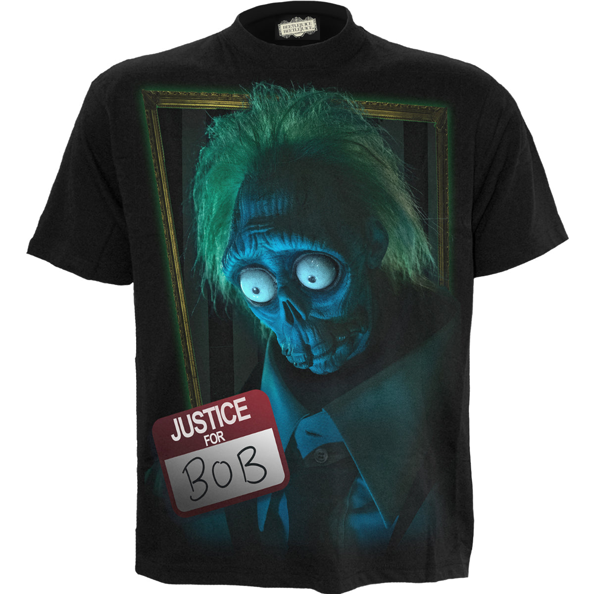 Male model wearing Beetlejuice 2 - Justice For Bob gothic Front Print T-Shirt in Black by Spiral Clothing