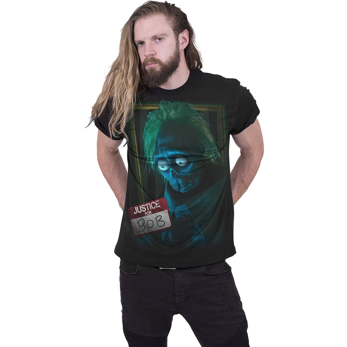 Male model wearing Beetlejuice 2 - Justice For Bob gothic Front Print T-Shirt in Black by Spiral Clothing