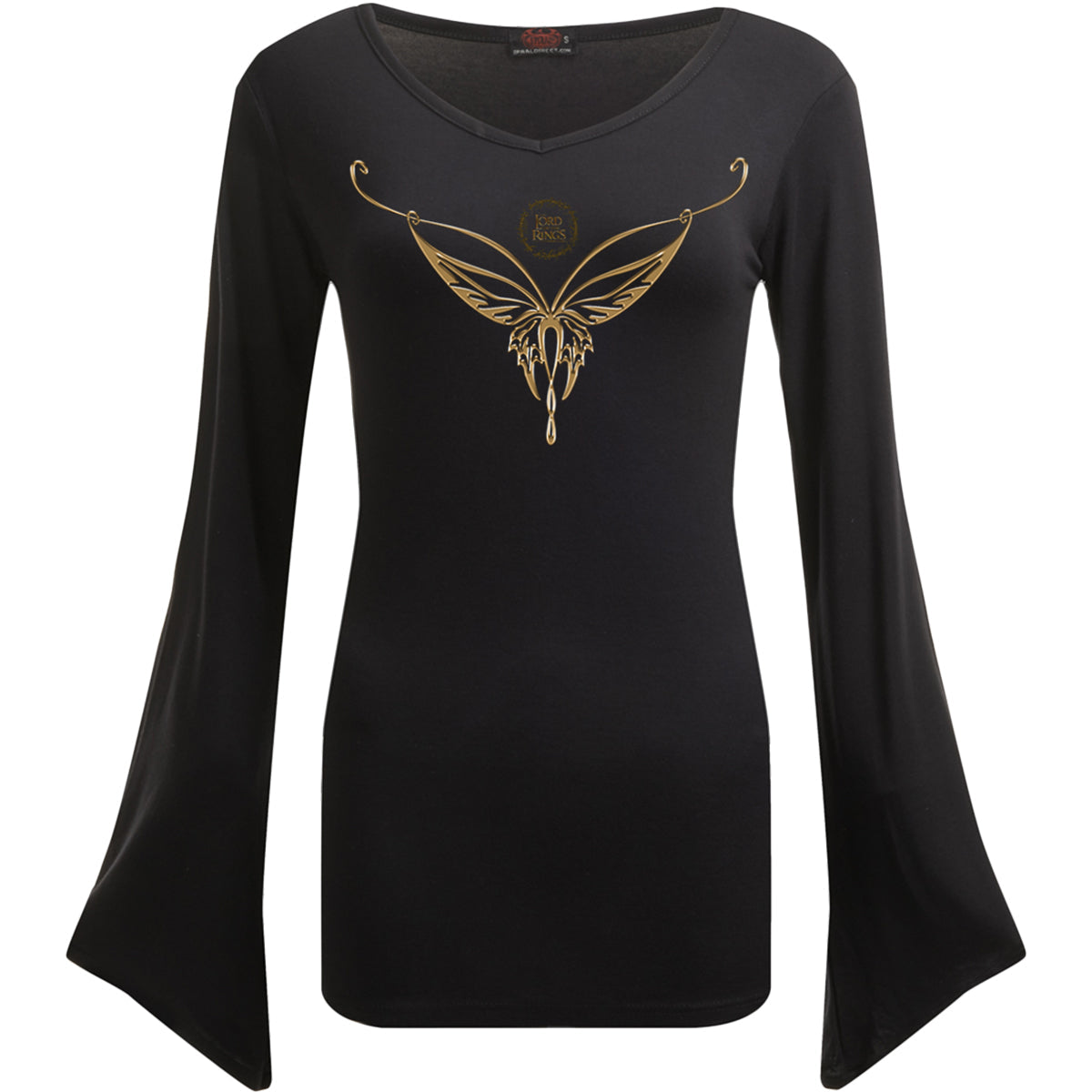 LOTR - Elven - Necklace gothic Women's V Neck Goth Sleeve Top in Black by Spiral Clothing - Front view