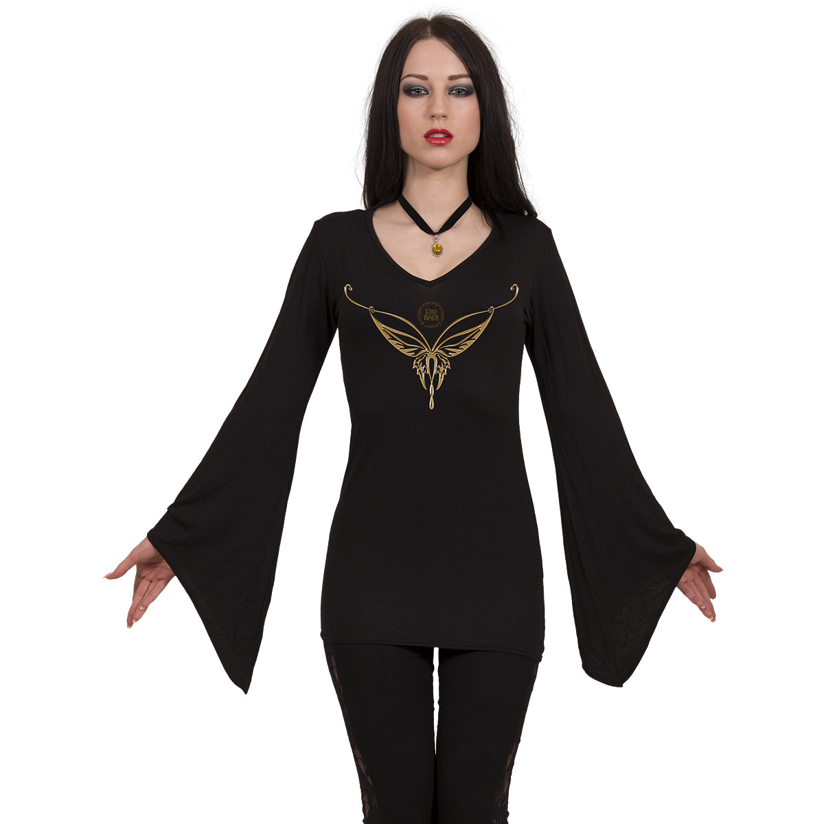 LOTR - Elven - Necklace gothic  V Neck Goth Sleeve Top in Black by Spiral Clothing worn by a women