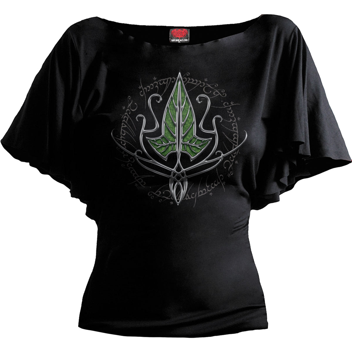 LOTR - Frodo Leaf gothic Boat Neck Bat Sleeve Top in Black by Spiral Clothing 