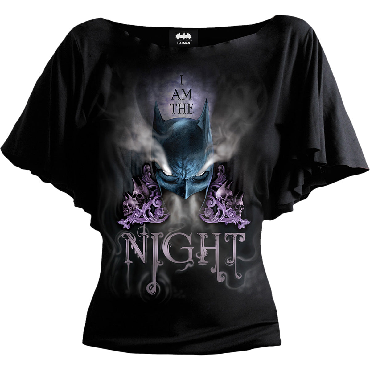 Batman Am The Night gothic Women's Boat Neck Bat Sleeve Top in Black by Spiral Clothing - Front view