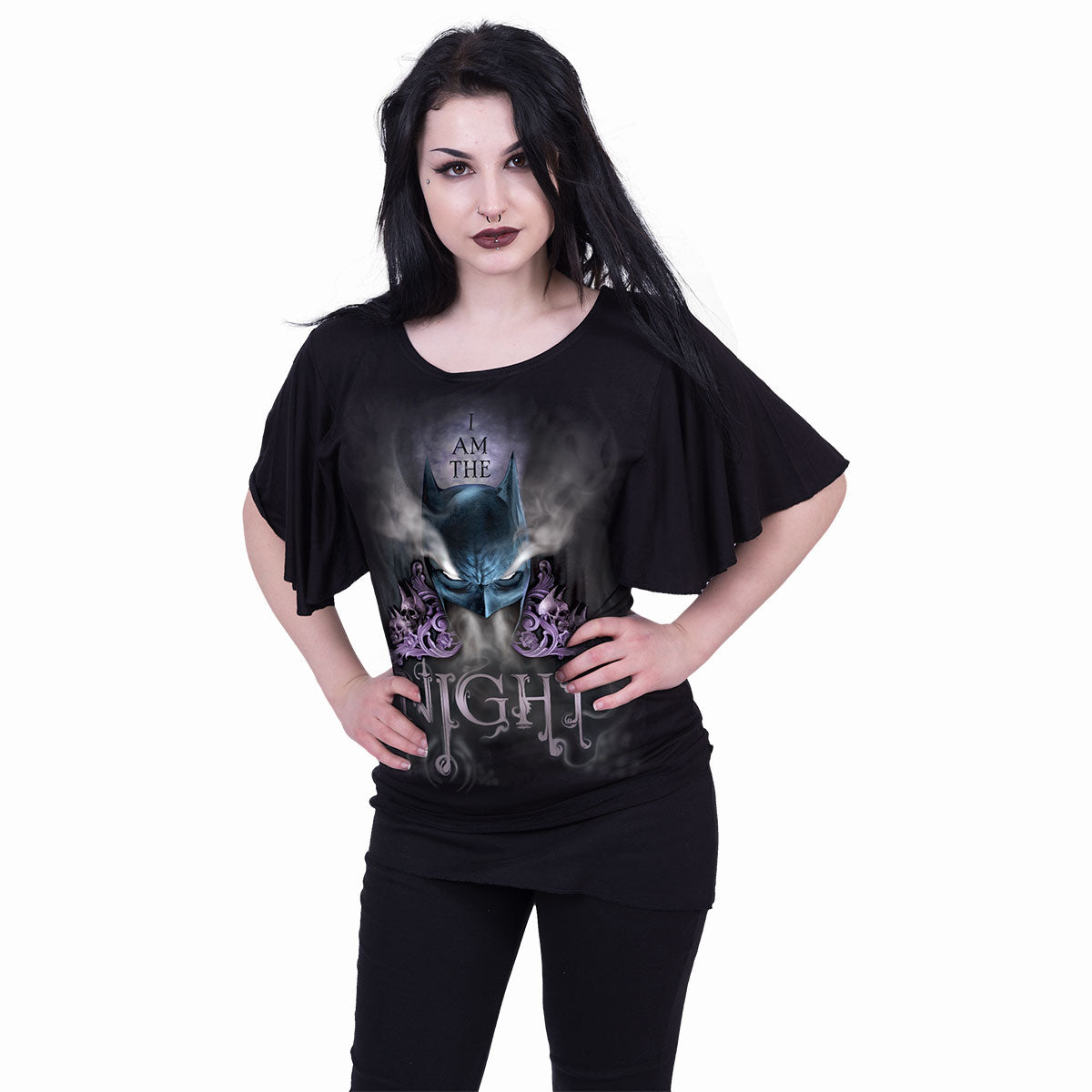 Batman Am The Night gothic  Boat Neck Bat Sleeve Top in Black by Spiral Clothing worn by a women