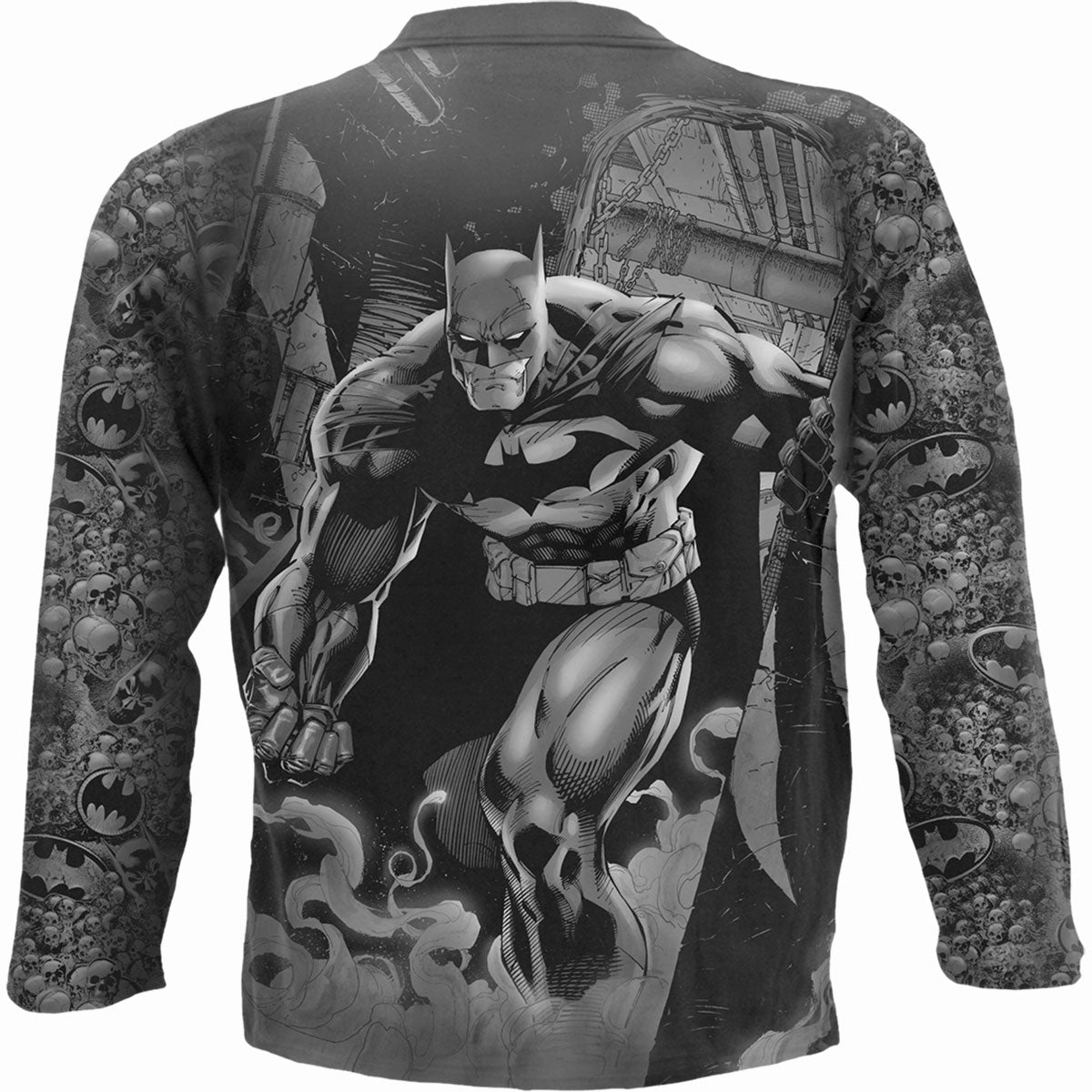 Back view of Batman - Vengeance Wrap gothic  Allover Longsleeve T-Shirt in Black by Spiral Clothing