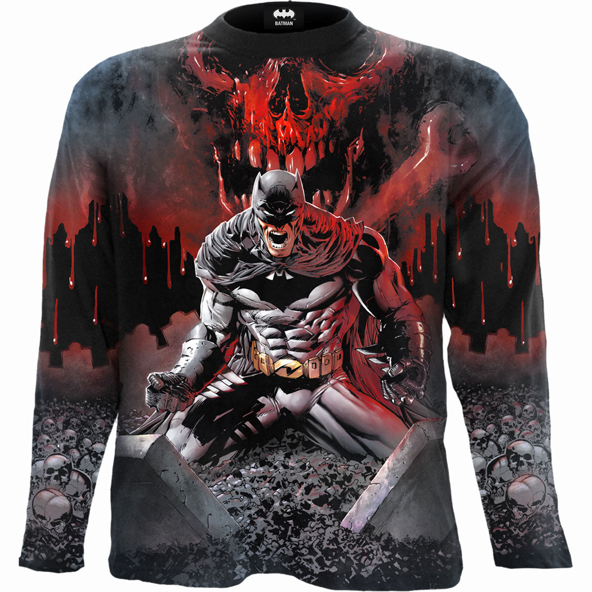 Batman Asylum Wrap gothic Men's Allover Longsleeve T-Shirt in Black by Spiral Clothing - Front view