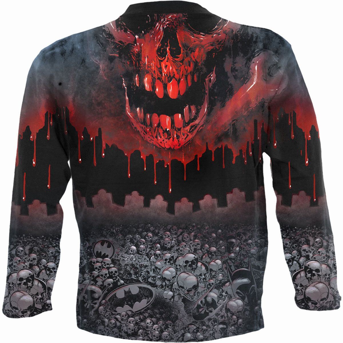 Back view of Batman Asylum Wrap gothic  Allover Longsleeve T-Shirt in Black by Spiral Clothing