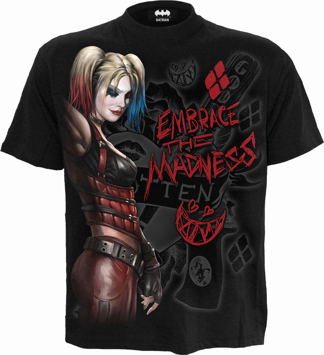 Harley Quinn - Embrace Madness gothic Front Print T-Shirt in Black by Spiral Clothing 