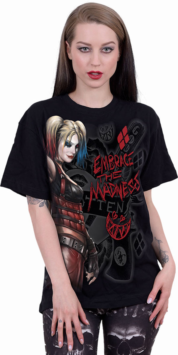 Male model wearing Harley Quinn - Embrace Madness gothic Front Print T-Shirt in Black by Spiral Clothing