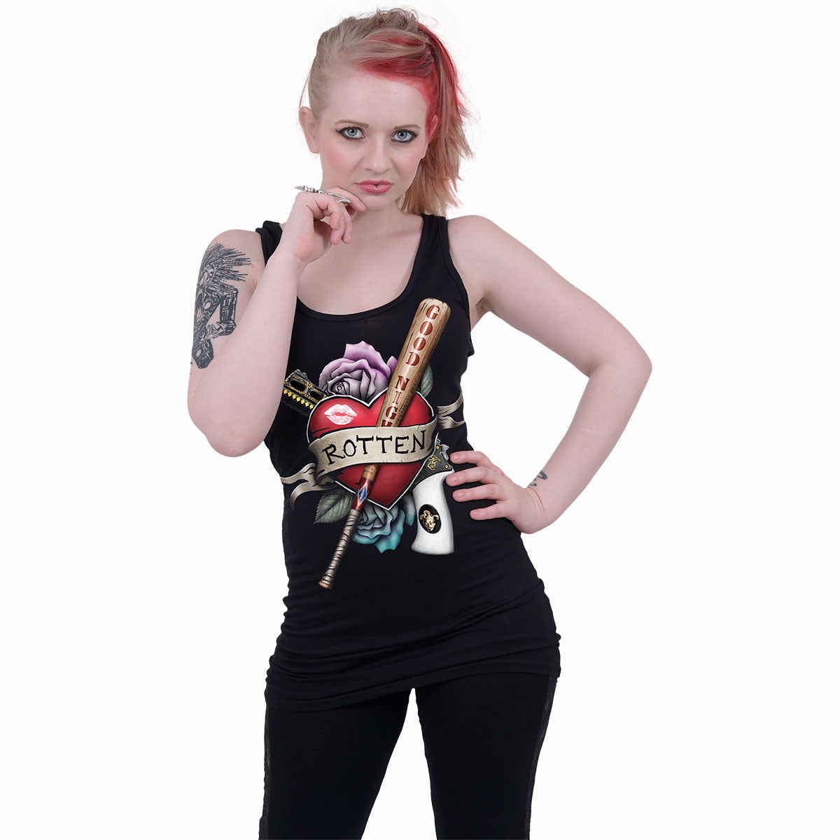 Harley Quinn - Rotten gothic  Razor Back Top in Black by Spiral Clothing worn by a women