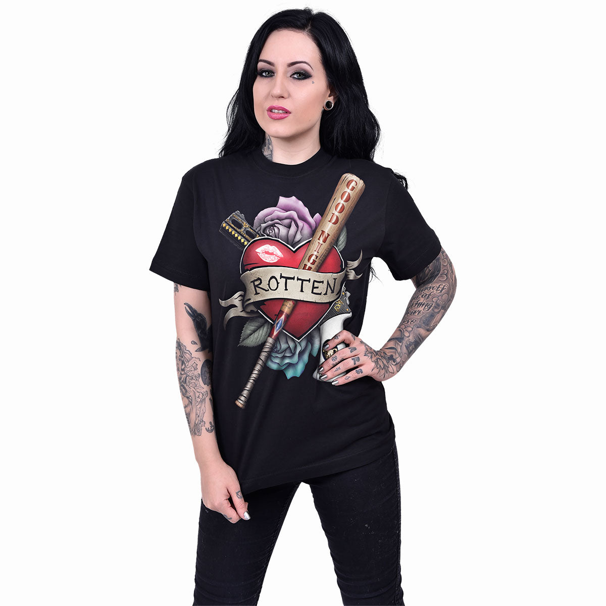 Female model wearing Harley Quinn - Rotten gothic  Front Print T-Shirt in Black by Spiral Clothing