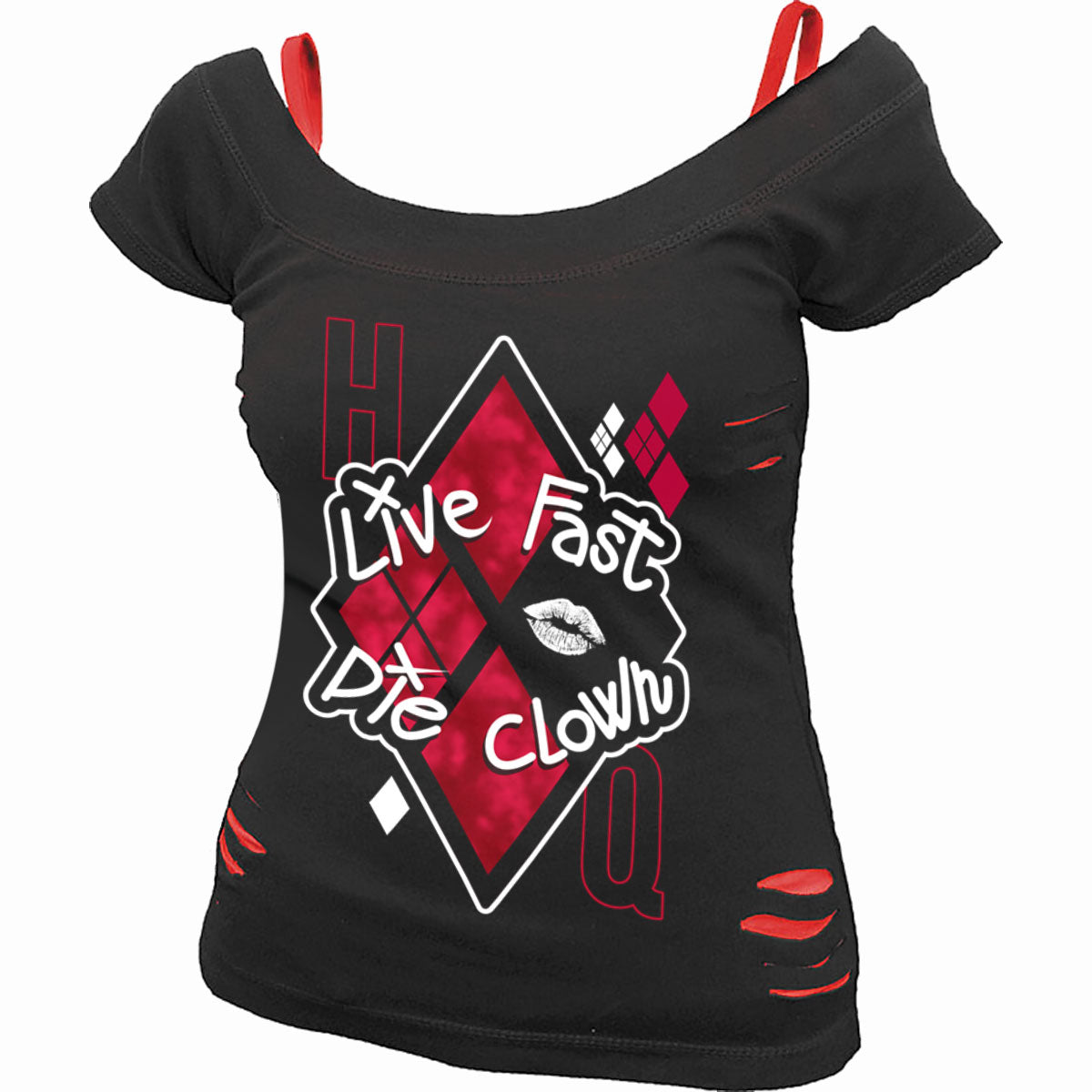 Harley Quinn - Die Clown gothic Women's 2in1 Red Ripped Top in Red/Black by Spiral Clothing - Front view