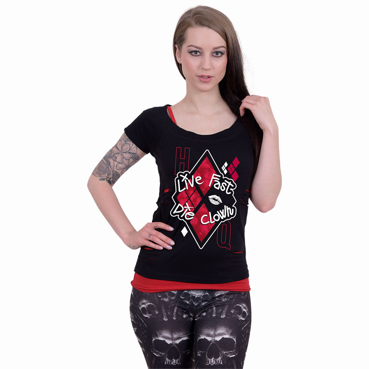 Harley Quinn - Die Clown gothic  2in1 Red Ripped Top in Red/Black by Spiral Clothing worn by a women