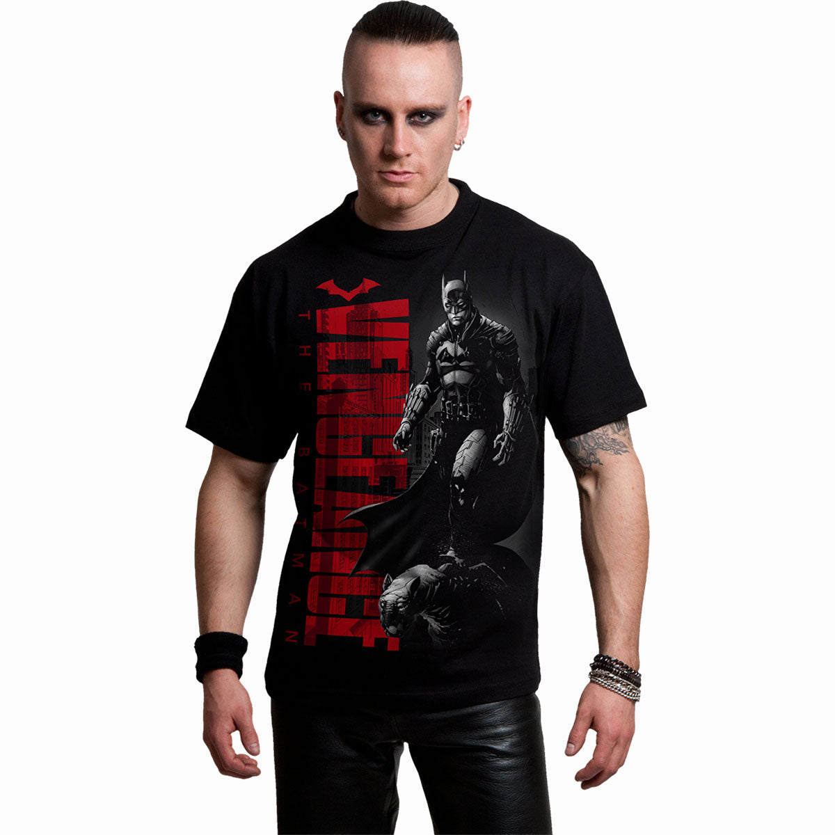 Male model wearing The Batman - Comic Cover gothic Front Print T-Shirt in Black by Spiral Clothing