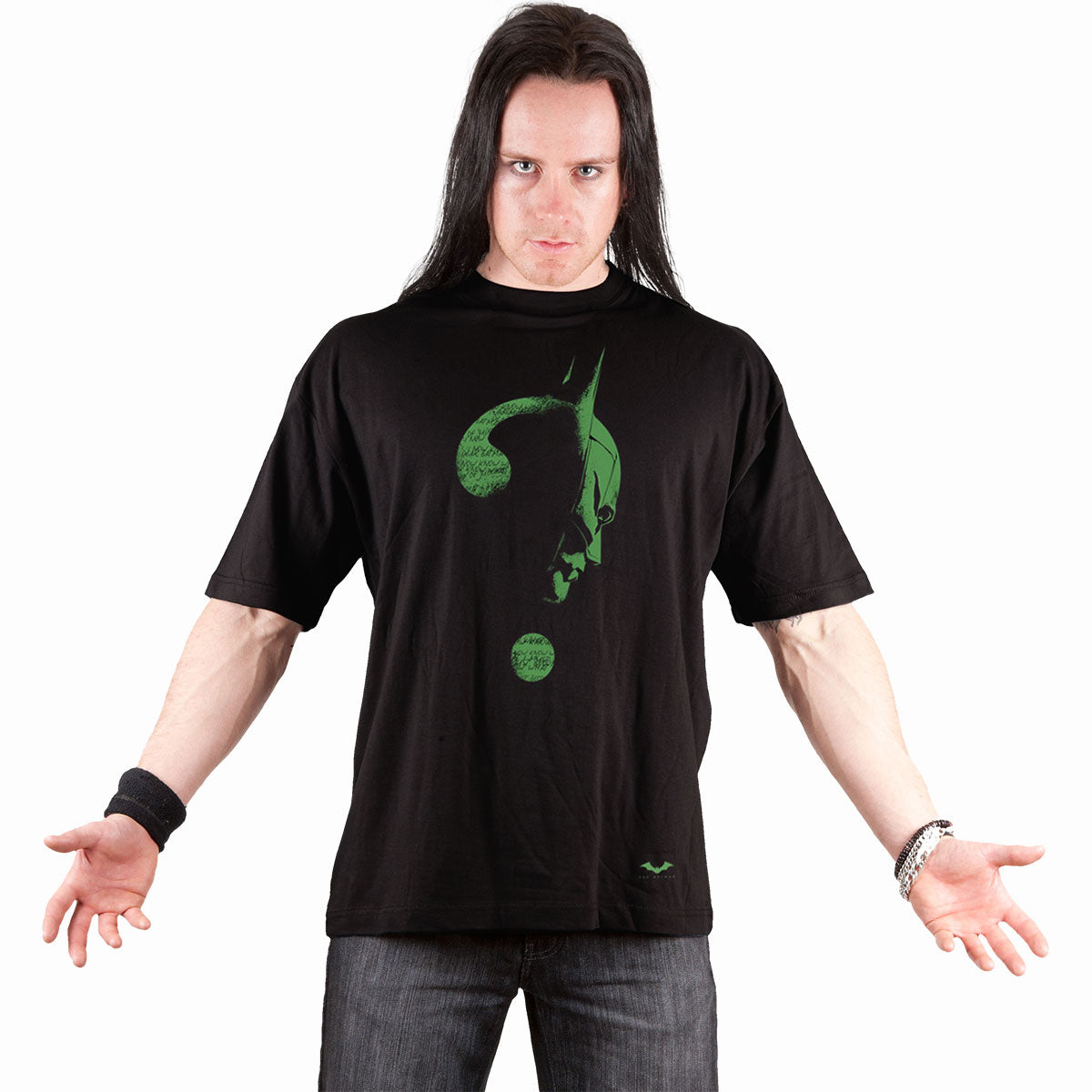 Male model wearing Riddler - Glow In The Dark Logo gothic Front Print T-Shirt in Black by Spiral Clothing