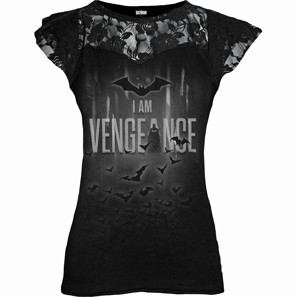 The Batman - I Am Vengeance gothic Lace Layered Cap Sleeve Top in Black by Spiral Clothing 