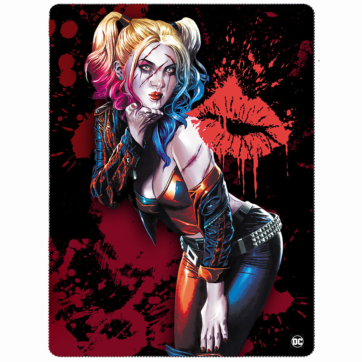 Harley Quinn - Kiss gothic  Fleece Blanket with Double Sided Print in Black by Spiral Clothing - Front view