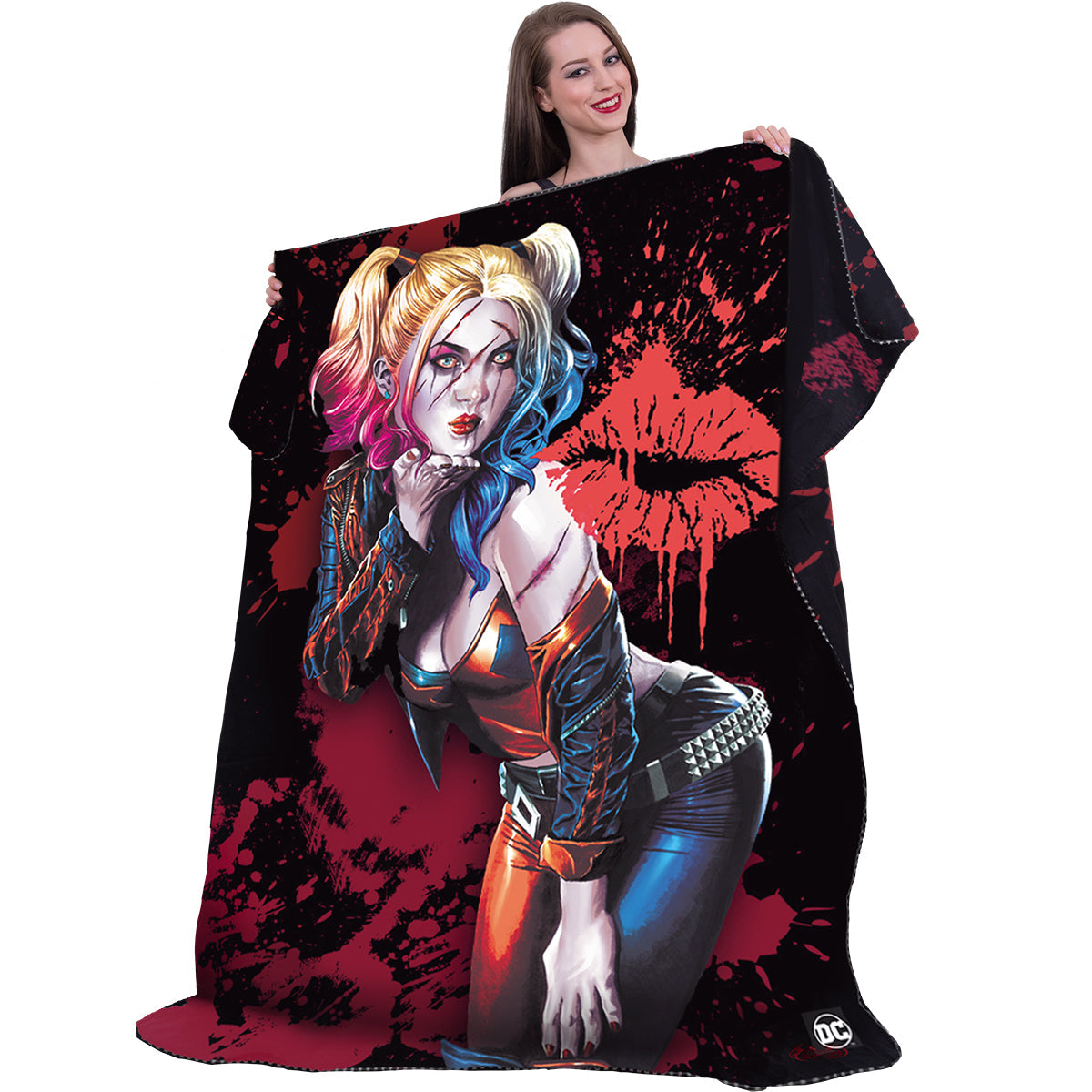 Harley Quinn - Kiss gothic  Fleece Blanket with Double Sided Print in Black by Spiral Clothing