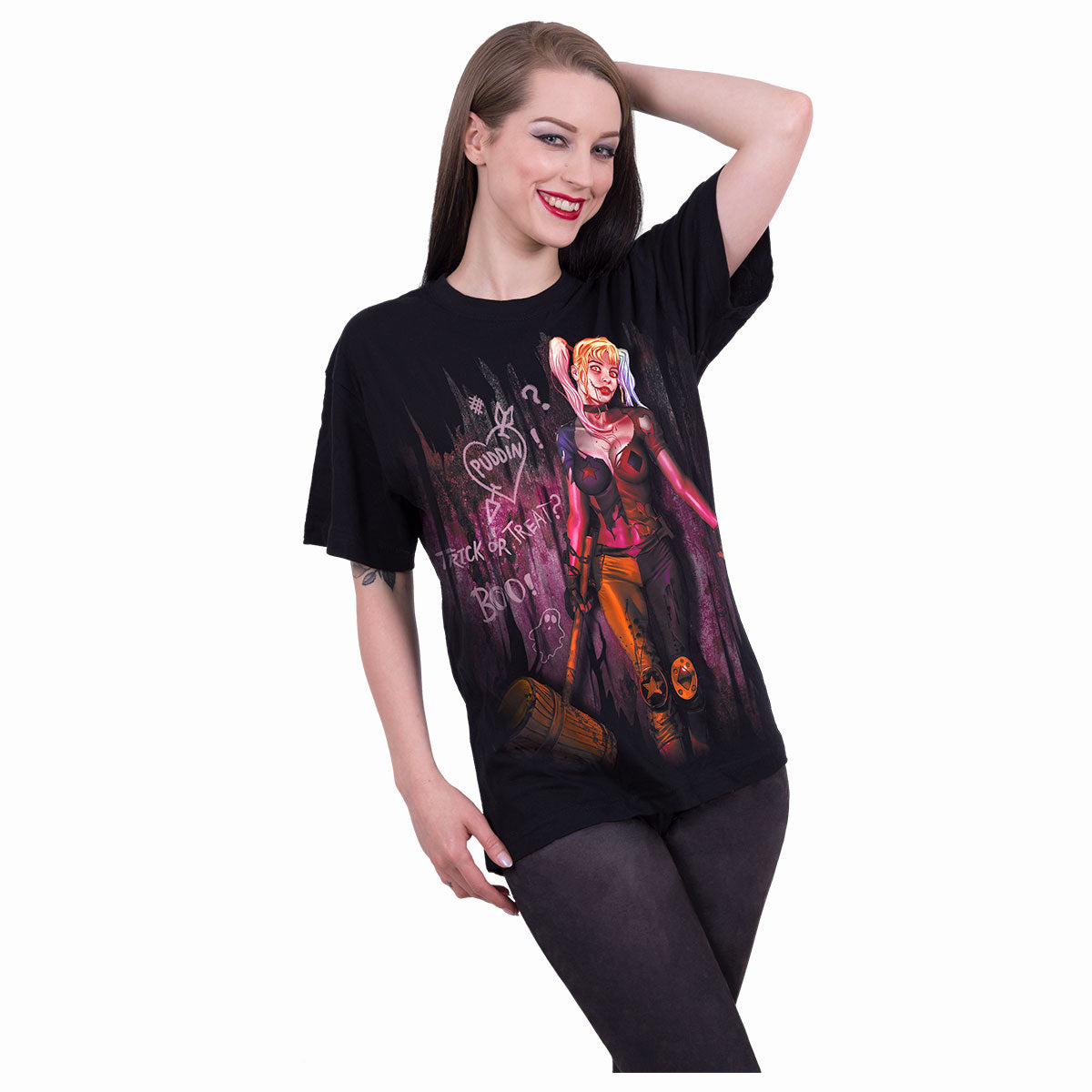 Male model wearing Harley Quinn - Trick Or Treat gothic Front Print T-Shirt in Black by Spiral Clothing