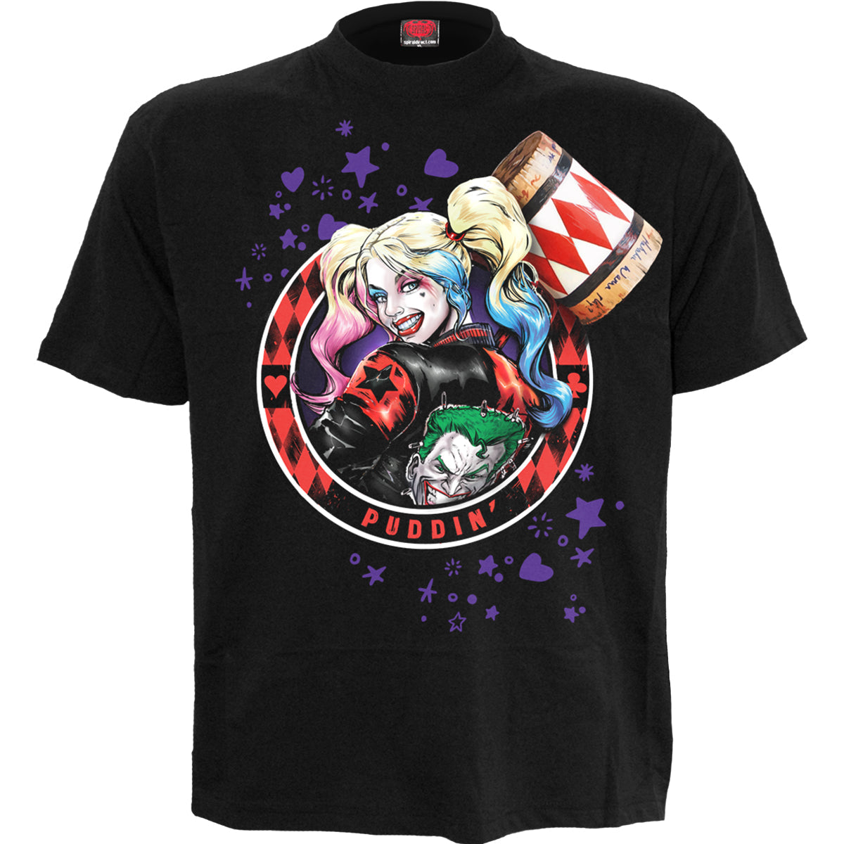 Harley Quinn - Puddin gothic Women's Front Print T-Shirt in Black by Spiral Clothing - Front view