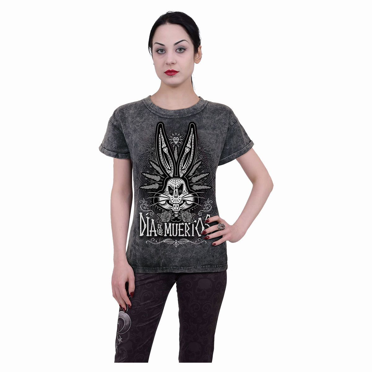 Male model wearing Bugs - Muertos gothic Acid Wash Turnup Sleeve in Black by Spiral Clothing