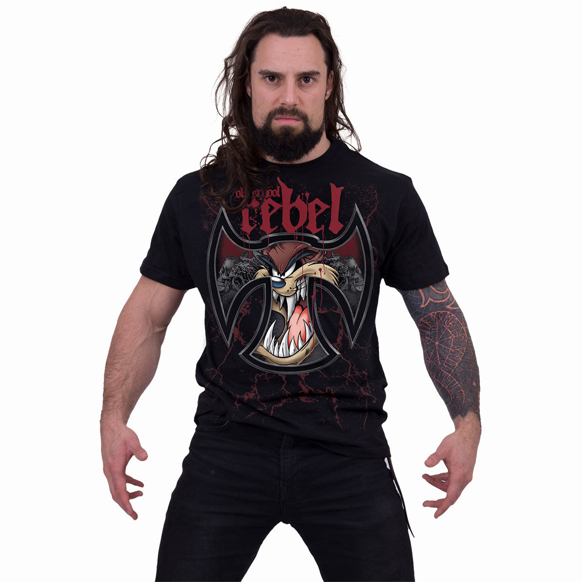 Male model wearing Taz - Old School Rebel gothic  Front Print T-Shirt in Black by Spiral Clothing
