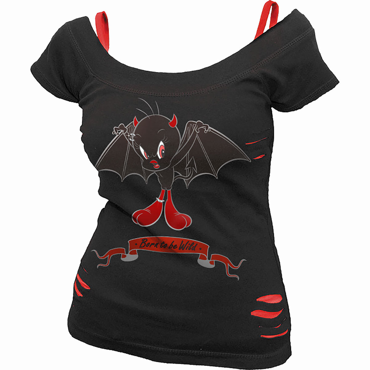 Tweety - Born To Be Wild gothic Women's 2in1 Red Ripped Top in Red/Black by Spiral Clothing - Front view