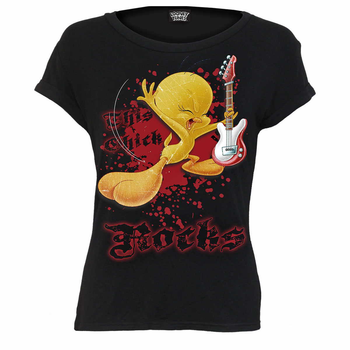 Tweety - This Chick Rocks gothic Women's Boat Neck Cap Sleeve Top in Black by Spiral Clothing - Front view