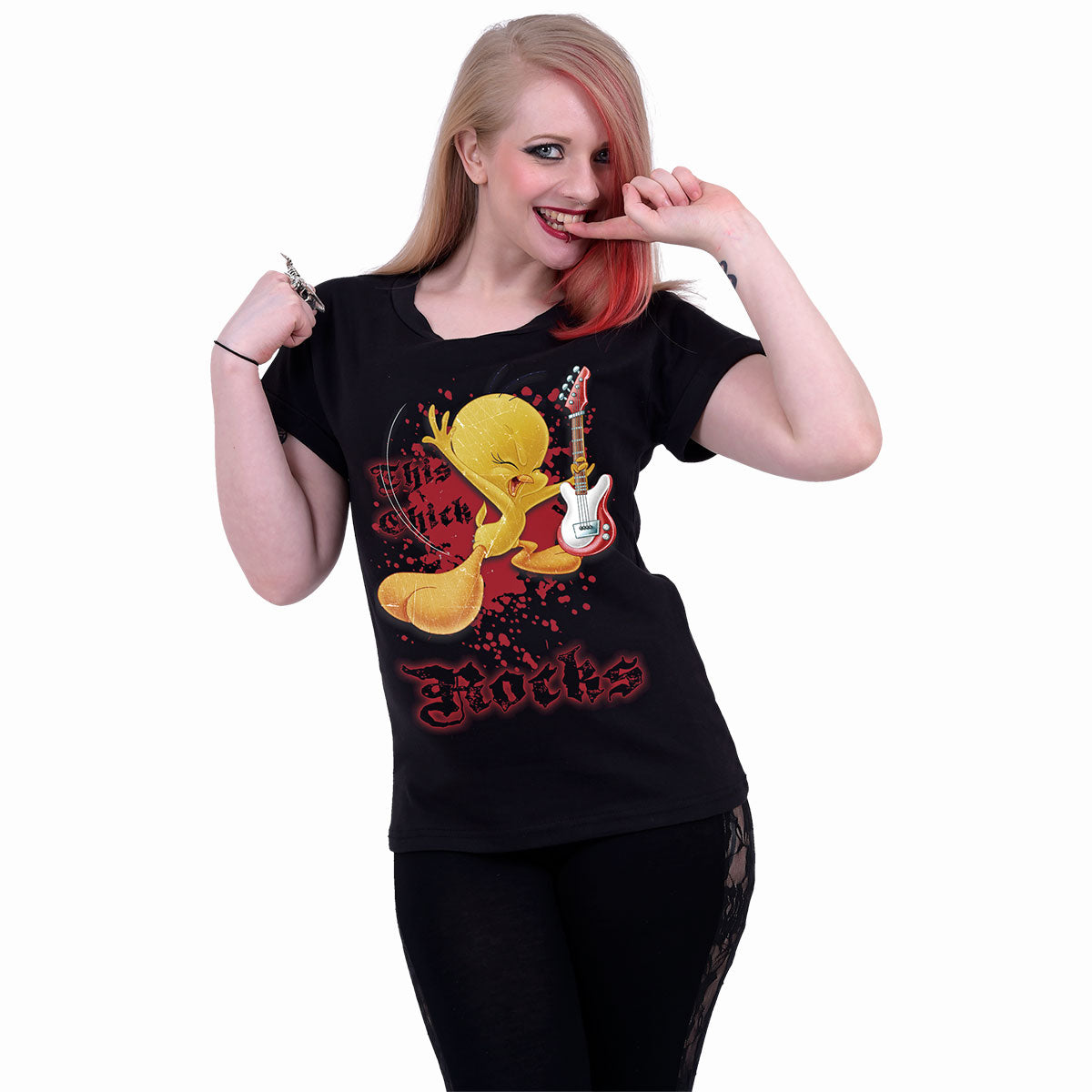 Tweety - This Chick Rocks gothic  Boat Neck Cap Sleeve Top in Black by Spiral Clothing worn by a women