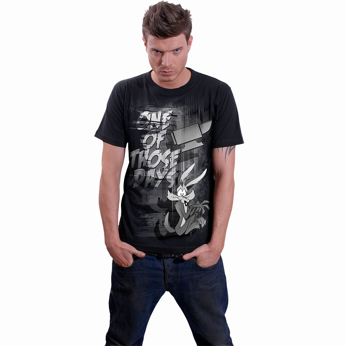 Male model wearing Coyote - Those Days gothic Front Print T-Shirt in Black by Spiral Clothing