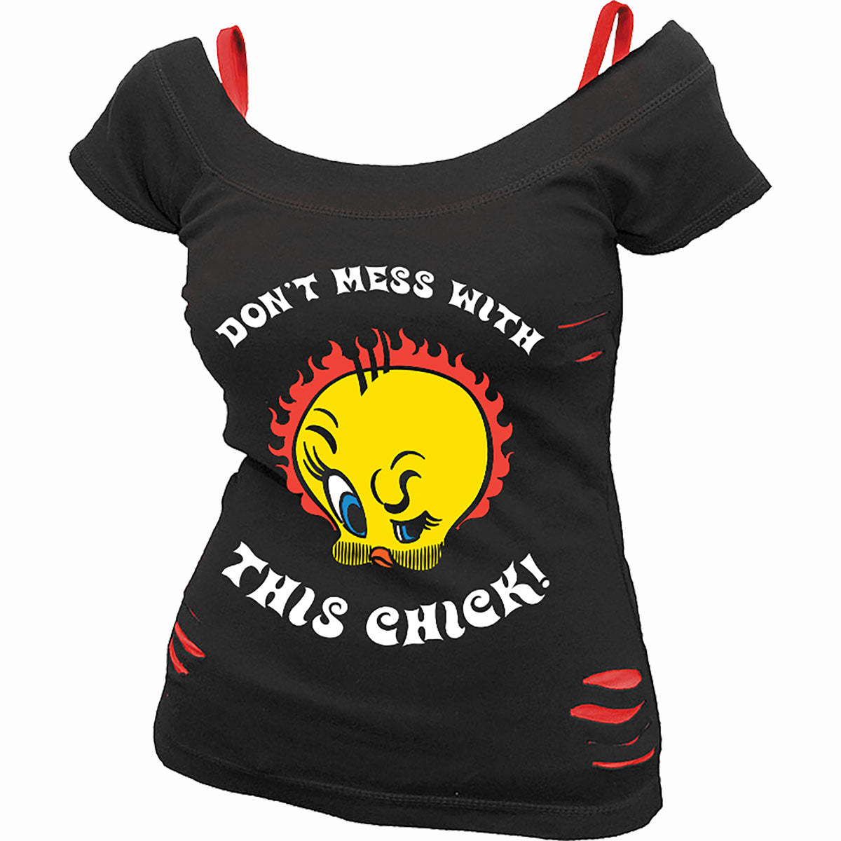 Tweety - Tough Chick gothic 2in1 Red Ripped Top in Red/Black by Spiral Clothing 