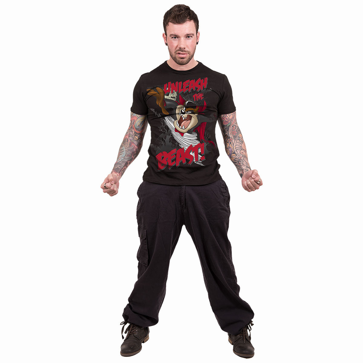 Male model wearing Taz - Unleash The Beast gothic Front Print T-Shirt in Black by Spiral Clothing