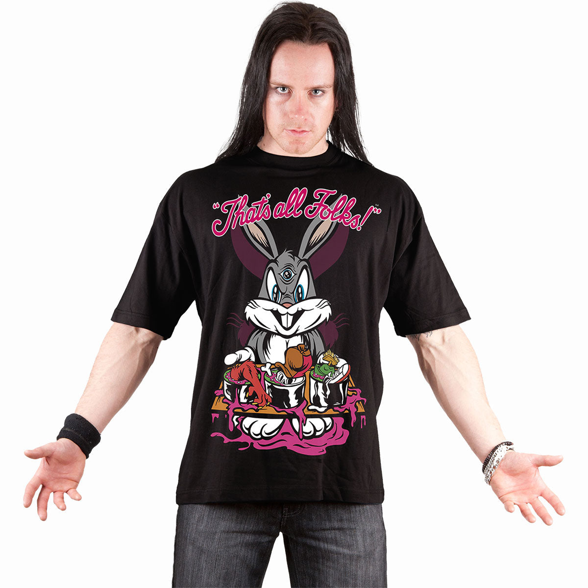 Male model wearing Bugs - Evil Bunny gothic  Front Print T-Shirt in Black by Spiral Clothing