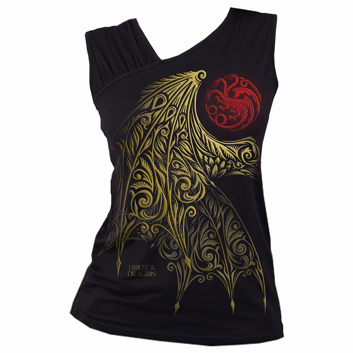 HOD - Wing Logo gothic Women's Gathered Shoulder Slant Vest in Black by Spiral Clothing - Front view