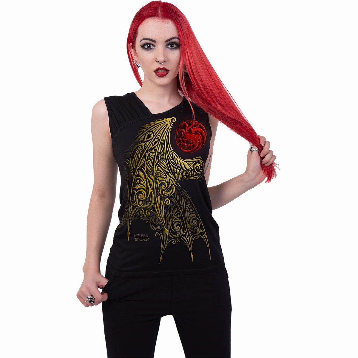 HOD - Wing Logo gothic  Gathered Shoulder Slant Vest in Black by Spiral Clothing worn by a women