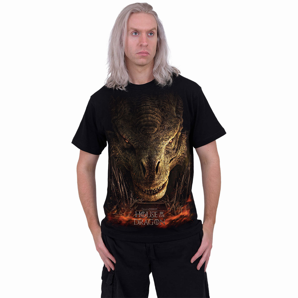 Male model wearing HOD - Dragon Throne gothic Front Print T-Shirt in Black by Spiral Clothing