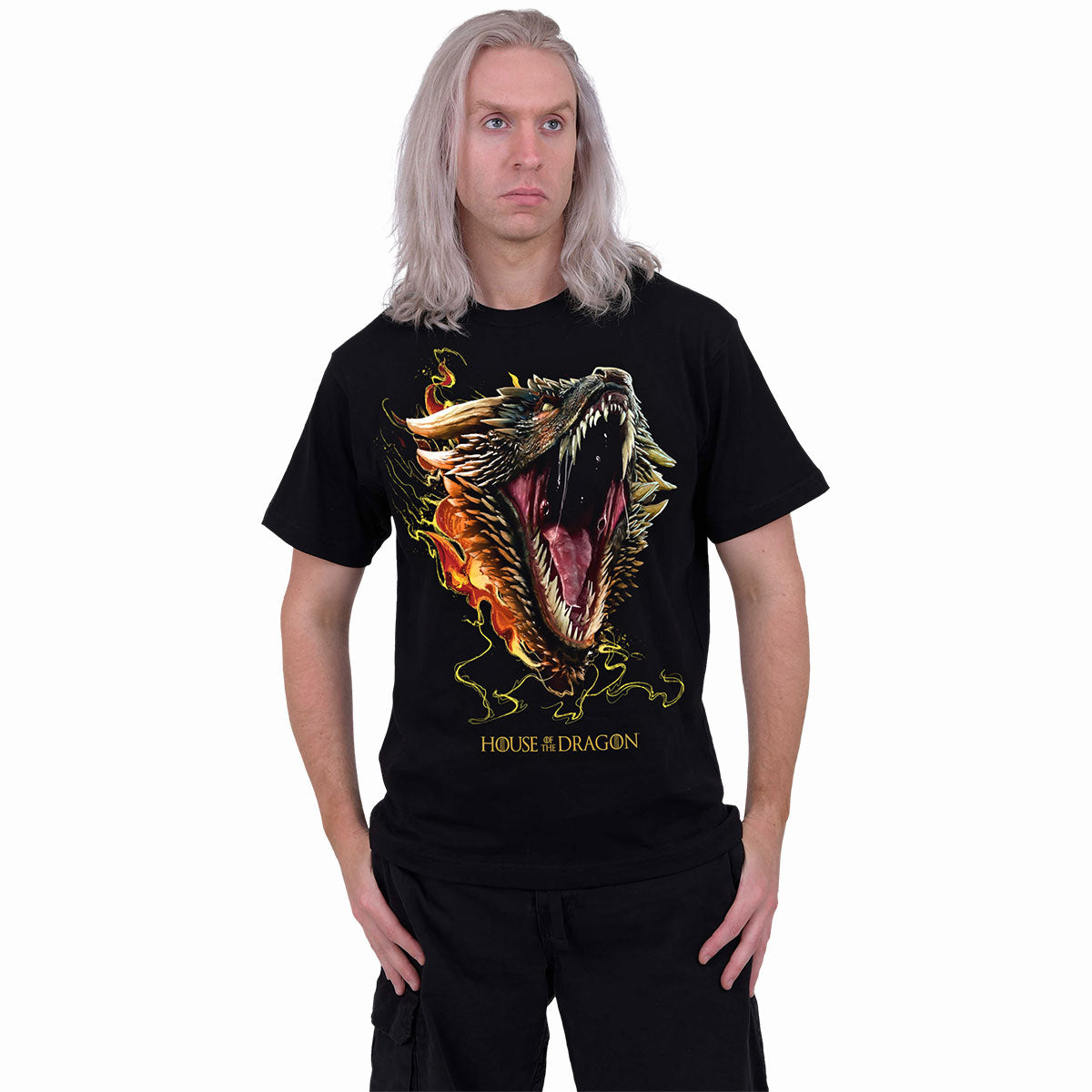 Male model wearing HOD2 Drogon gothic  Front Print T-Shirt in Black by Spiral Clothing