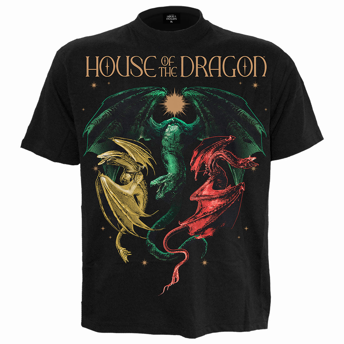 HOD 2 - Tri Dragons gothic Men's Front Print T-Shirt in Black by Spiral Clothing - Front view