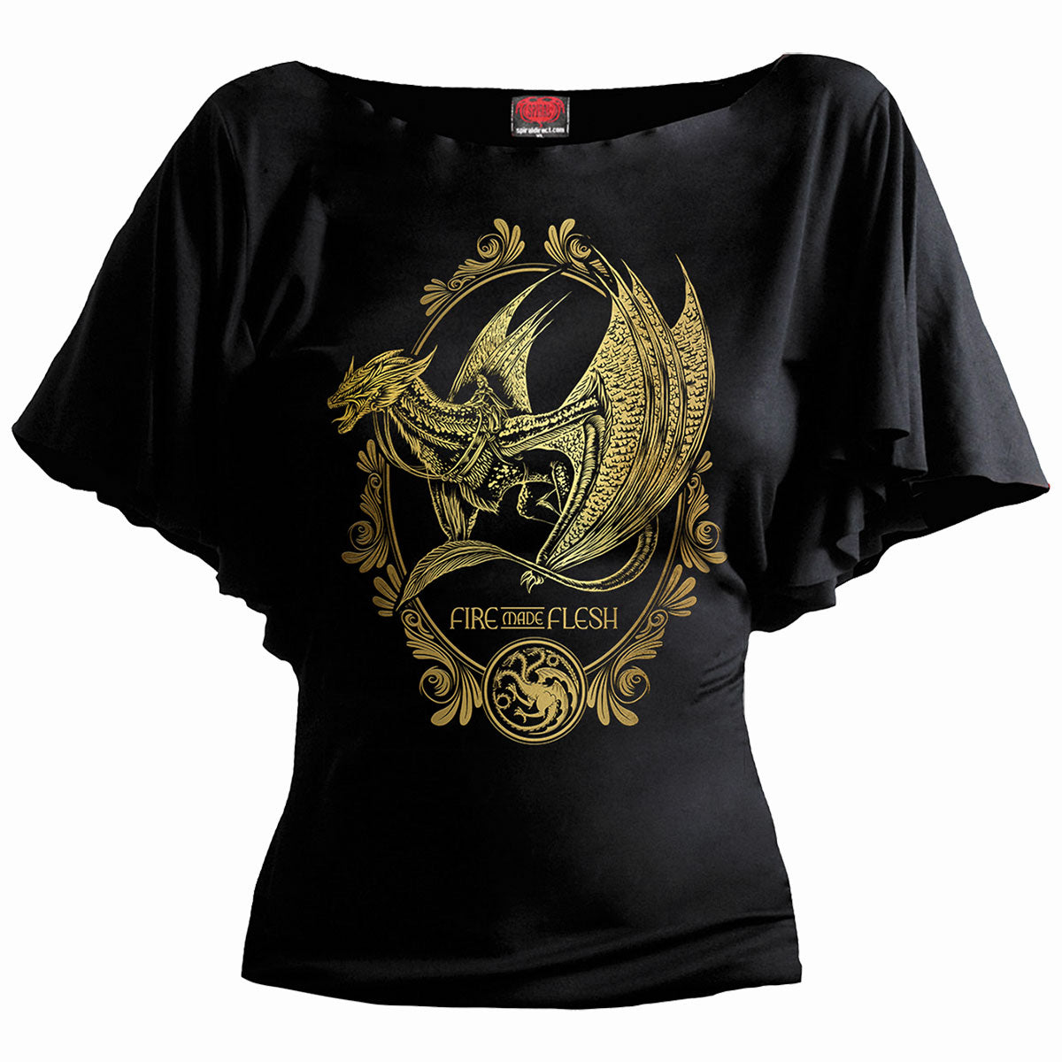 Hod 2 -Filigree gothic Women's Boat Neck Bat Sleeve Top in Black by Spiral Clothing - Front view