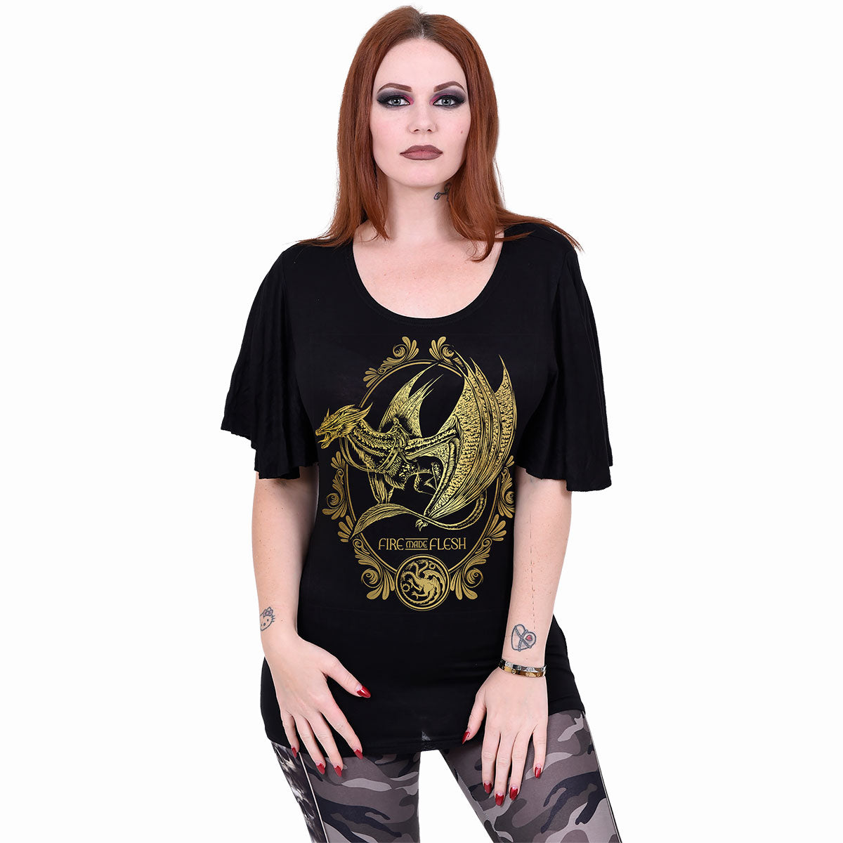 Hod 2 -Filigree gothic  Boat Neck Bat Sleeve Top in Black by Spiral Clothing worn by a women
