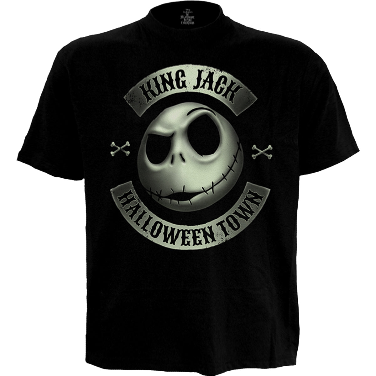 Nightmare Before Xmas - Jack Crest (Glow) gothic  Front Print T-Shirt in Black by Spiral Clothing shown in the dark