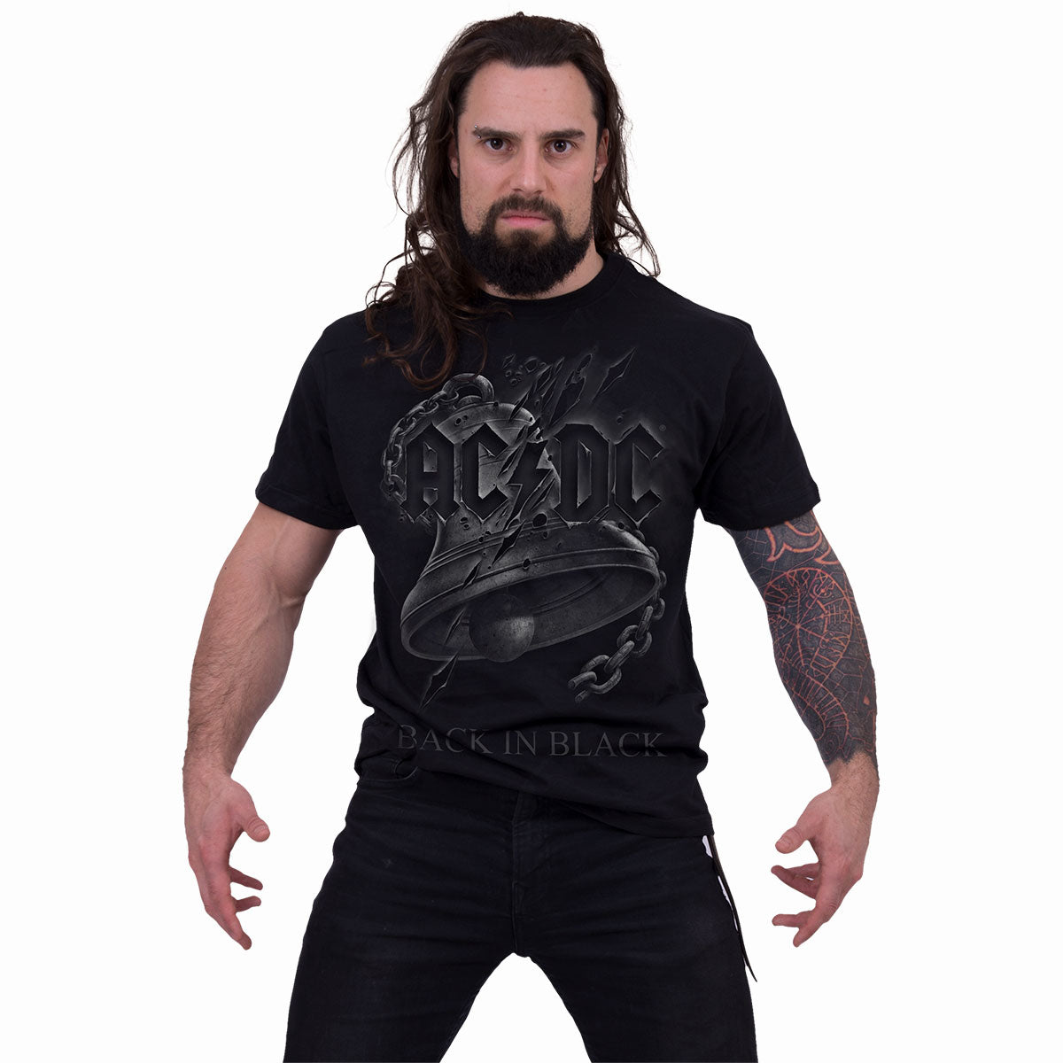 Male model wearing AC/DC - Back In Black (Torn) gothic  Front Print T-Shirt in Black by Spiral Clothing
