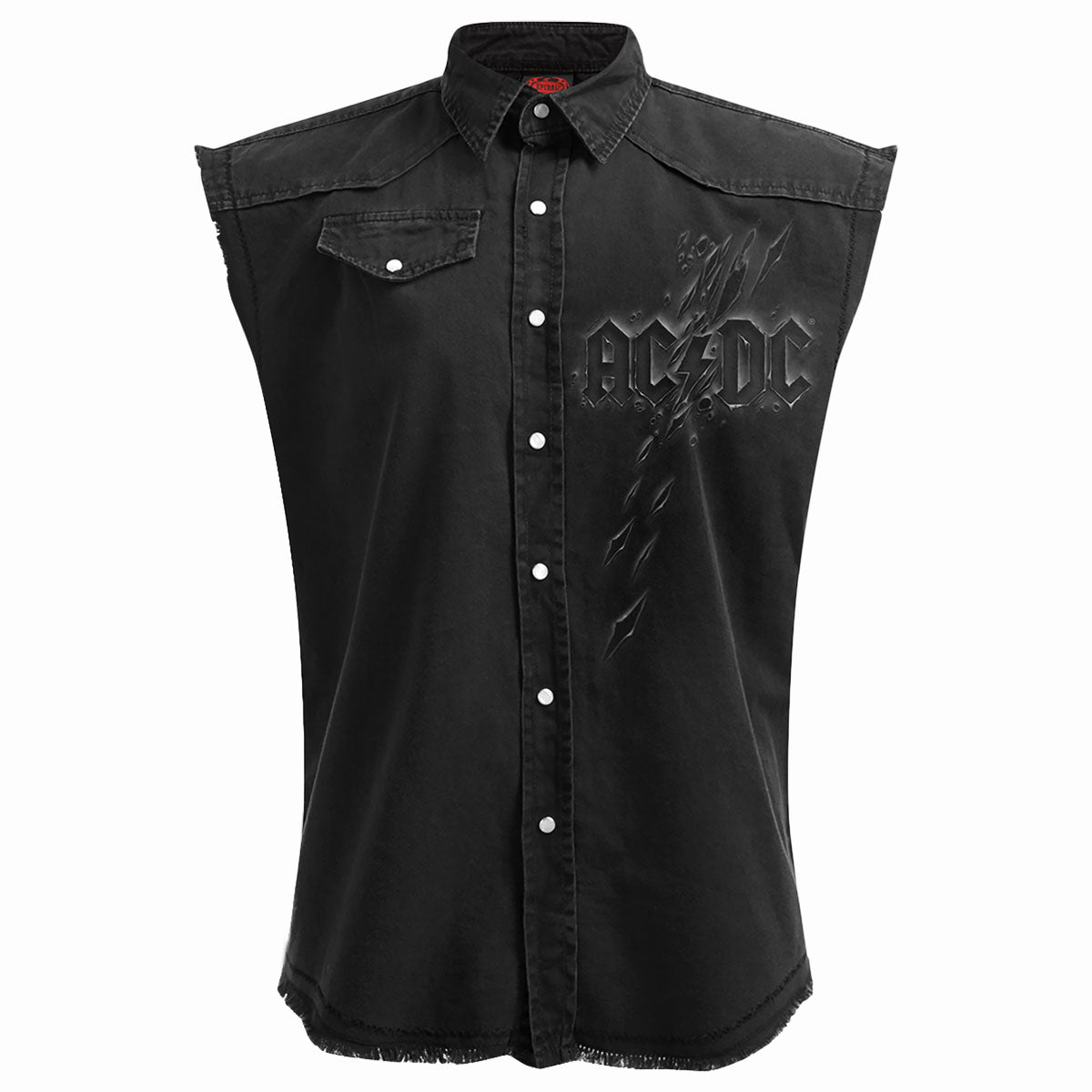 AC/DC Back In Black (Torn) gothic Men's Sleeveless Stone Washed Worker Shirt in Black/Stone by Spiral Clothing 