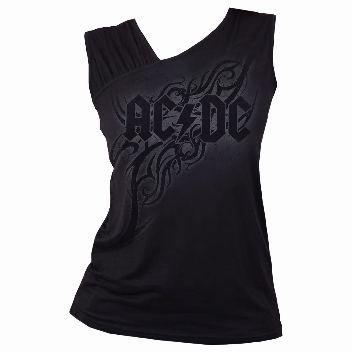 AC/DC Tribal gothic Women's Gathered Shoulder Slant Vest in Black by Spiral Clothing - Front view