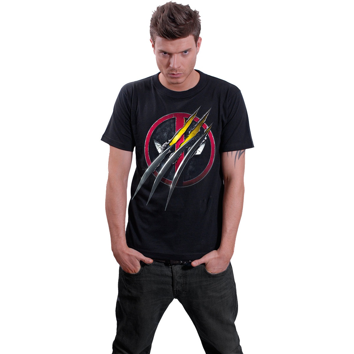 Male model wearing Deadpool - Slashed gothic  Front Print T-Shirt in Black by Spiral Clothing