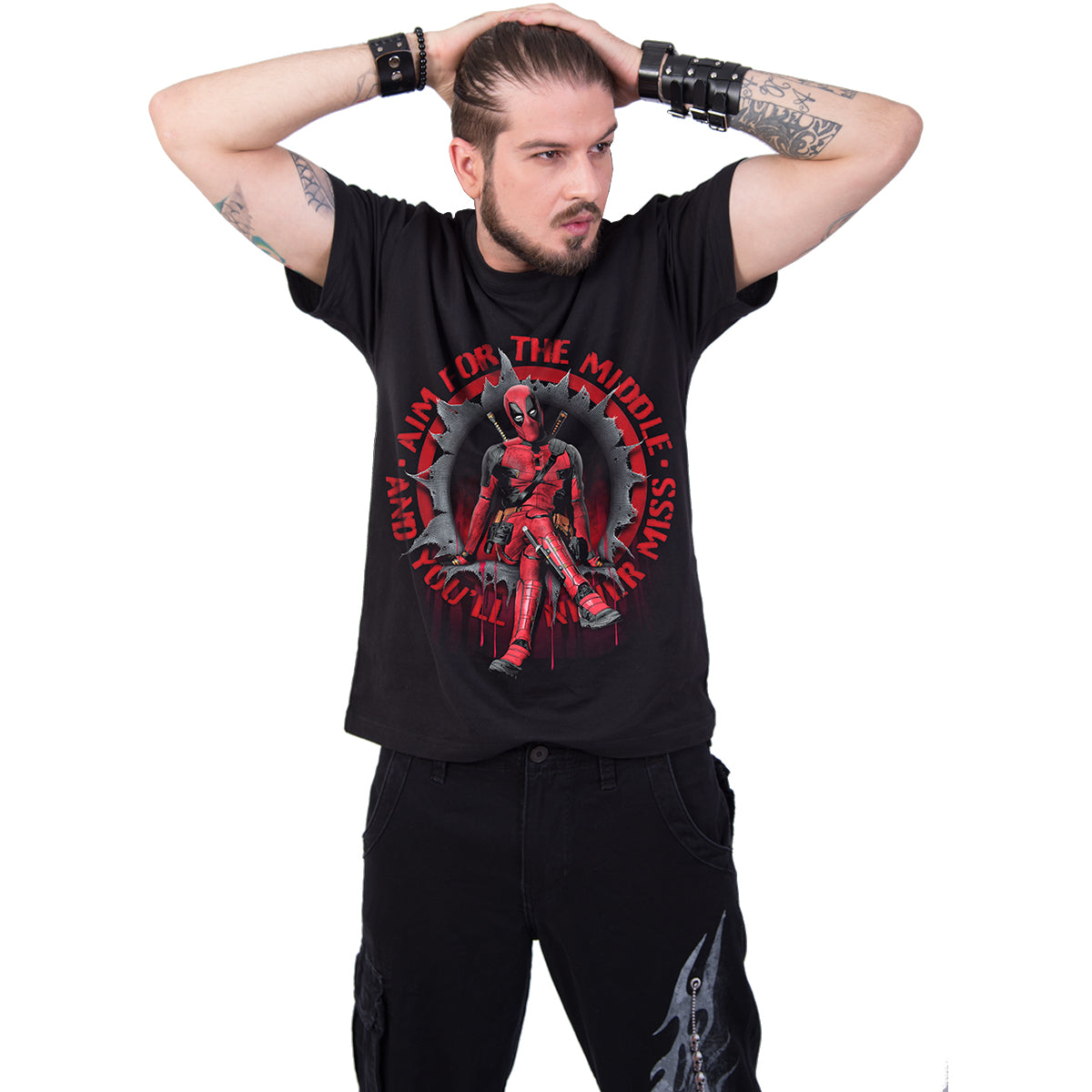 Male model wearing Deadpool - Aim For The Middle gothic  Front Print T-Shirt in Black by Spiral Clothing