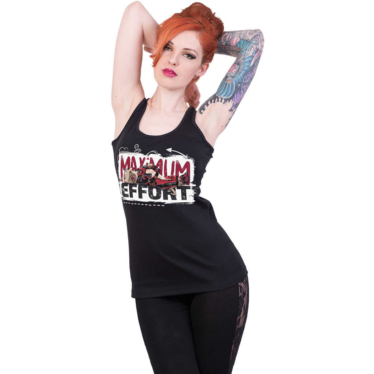 Male model wearing Deadpool - Maximum Effort gothic  Razor Back Top in Black by Spiral Clothing