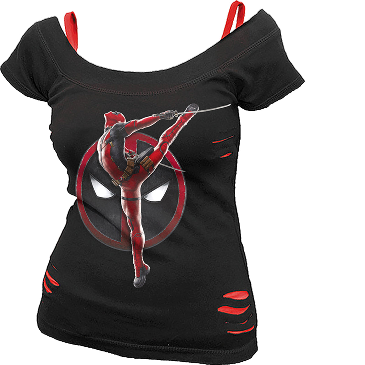Male model wearing Deadpool - Pose gothic Women's 2in1 Red Ripped Top in Red/Black by Spiral Clothing