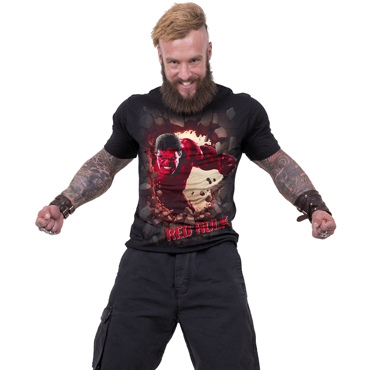 Male model wearing Captain America - Red Hulk gothic  Front Print T-Shirt in Red/Black by Spiral Clothing