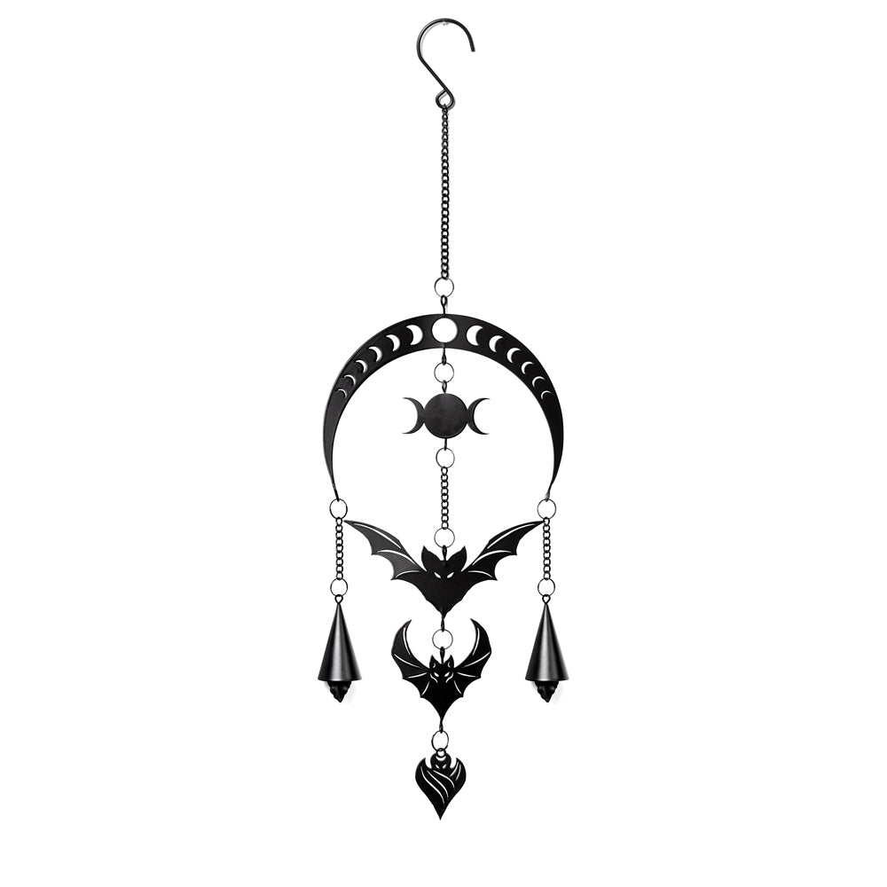 Alchemy Gothic Triple Moon Windhanger – 77 Cm, Zwart, Driedubbele Maan Met Triquetra – Hangdecoratie Voor Binnen En Buiten, Met Windspiraal